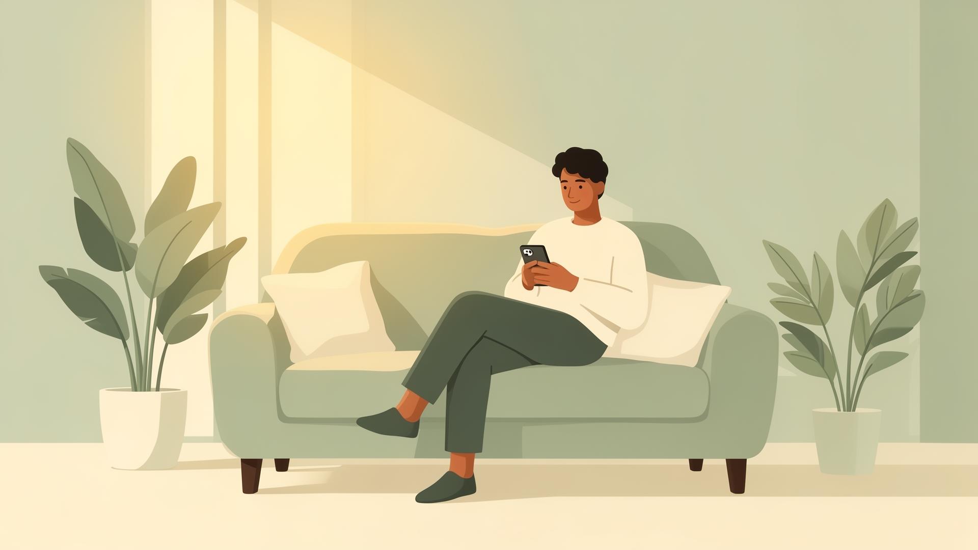 Pessoa relaxando enquanto usa o WhatsApp para organização financeira